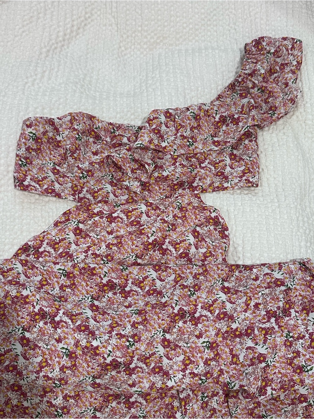 Lush One-Shoulder Maxi Dress - Pink Floral with White & Green Accents